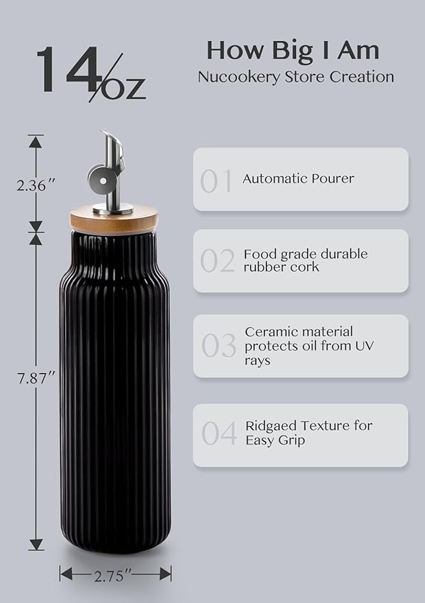 Nucookery Ceramic Olive Oil Dispenser Bottle for Kitchen, 14 oz Opaque Vinegar Dispenser Bottle, Large Capacity Cooking Oil Container for Storage Vinegar, Soy Sauce, Coffee Syrup, Black-Ruum Studio Home