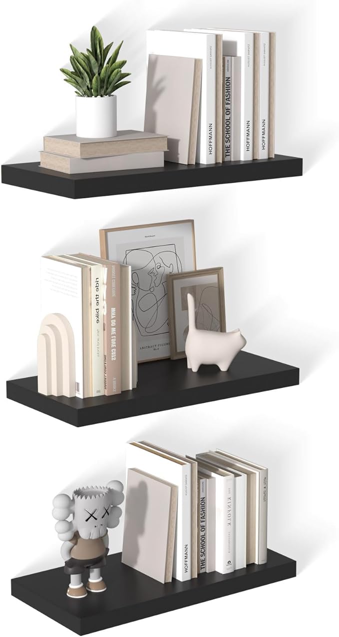 12 Inch Deep Floating Shelves for Wall 3 Pack Floating Shelves Large Storage Space Wall Mount Shelf for Living Room Kitchen Bathroom 24" W x 12" D x 1.2" H Black-Ruum Studio Home