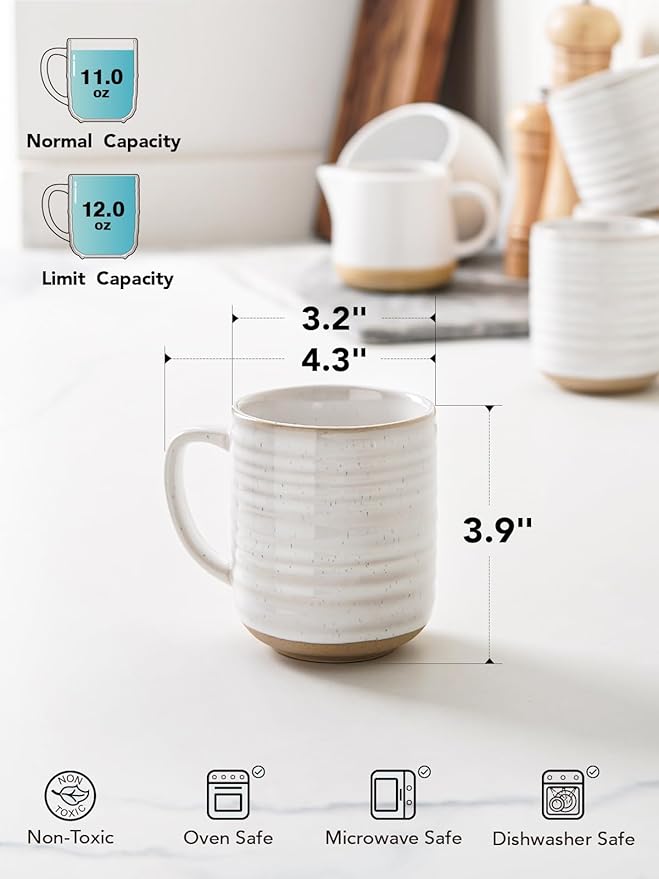 LE TAUCI Coffee Mugs 12 oz, Ceramic Mug Set, Housewarming Wedding Present, Coffee Cups for Latte, Hot Tea, Cappuccino, Mocha, Cocoa - Set of 4, Arctic White-Ruum Studio Home