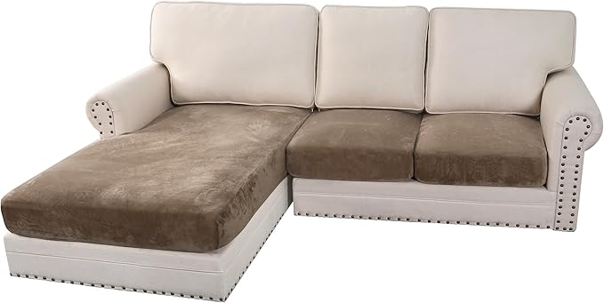 H.VERSAILTEX Velvet Stretch Sectional Couch Covers 3 Pieces Sofa Seat Cushion Covers L Shape Separate Couch Cover for Both Left/Right Sectional Couch (Large Sofa 2 Seater + 1 Chaise, Mocha)-Ruum Studio Home