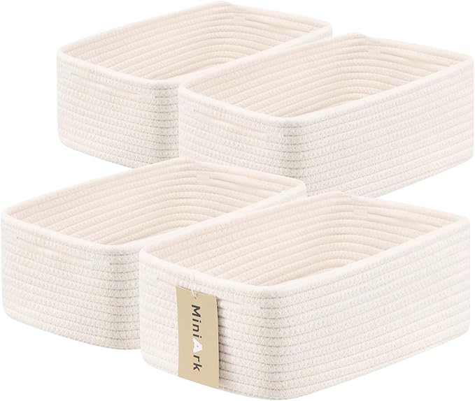 Small Storage Baskets for Organizing | Closet Organizer Bins | Shelf Toy Basket | Woven Rope Baskets | Cube Decorative Box | Shallow Basket | 13x8.5x5.1” | 4 Packs Off White-Ruum Studio Home