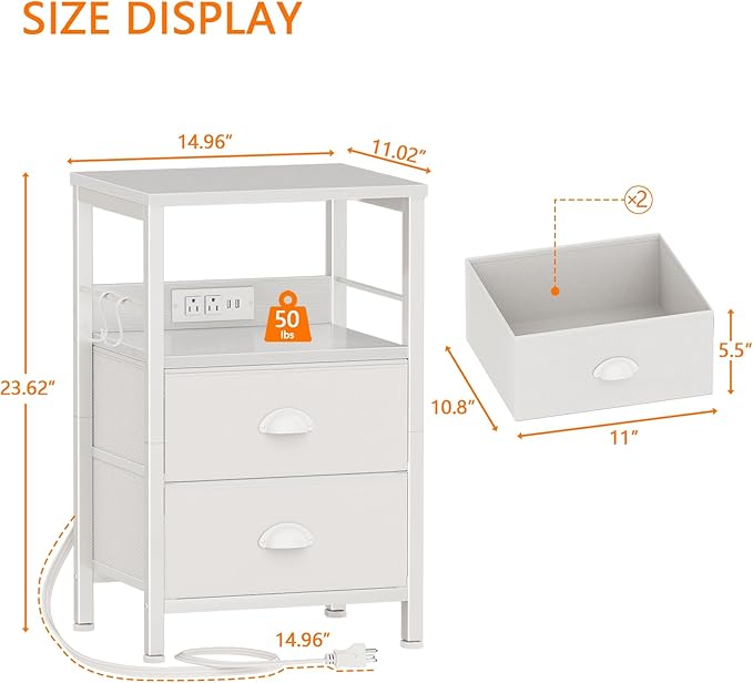 Furologee End Table with Charging Station, Nightstand with Fabric Drawers, Side Tables with USB Ports & Outlets, Night Stand with Storage Shelf & Hooks, for Living Room/Bedroom, White-Ruum Studio Home