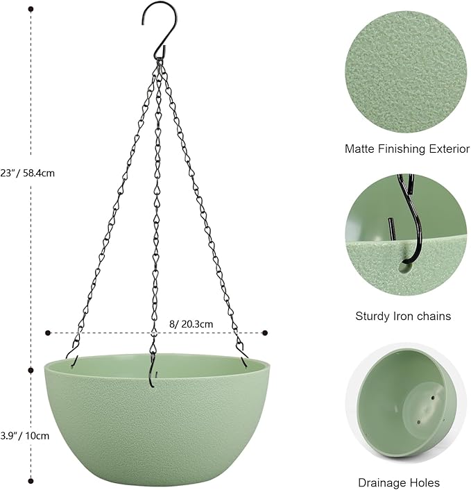 8 inch Small Hanging Planters Plant Pots for Indoor Outdoor Plants, 2 Pack Hanging Flower Pots with Drainage Holes and Chain for Garden Porch, Plastic Hanging Baskets for House Plants, Green-Ruum Studio Home