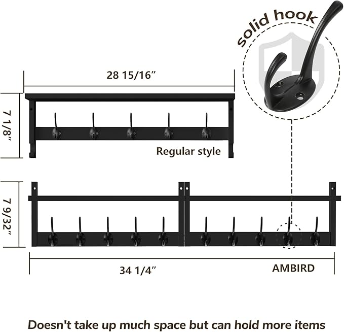 AMBIRD 34.2" Extra Long Wooden Wall Hook Rack with Shelf - Versatile and Decorative Wall-Mounted Storage with 10 Hooks for Coats, Hats, Keys, Scarves - Ideal for Entryways, Bedrooms, Closets (Black)-Ruum Studio Home