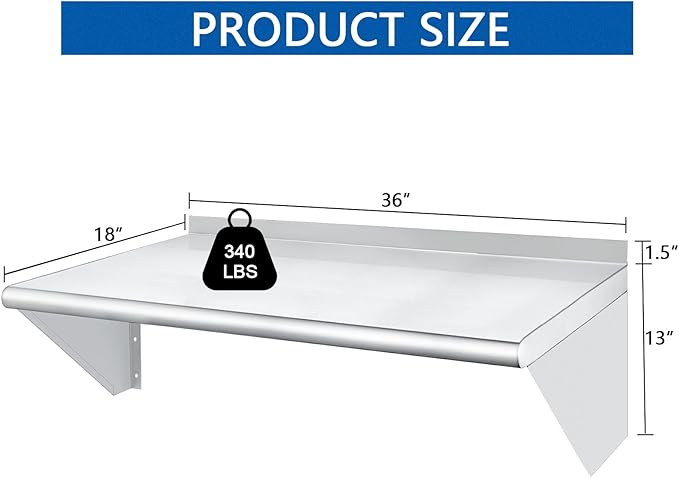 HARDURA Stainless Steel Shelf 18" x 36", 340lb Commercial Shelves Wall Mount Metal Shelving with Backsplash and Brackets for Kitchen, Restaurant, Laundry Room and Home-Ruum Studio Home