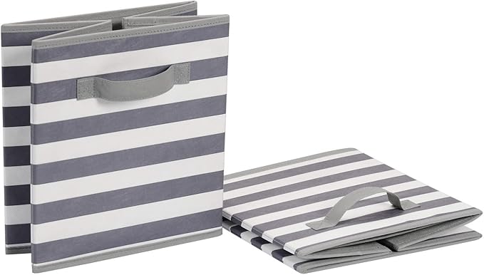 Amazon Basics Cube Organizer Storage Bins Handles, Collapsible Fabric, Pack of 6, 13"x13"x13", White/ Light Grey Stripe-Ruum Studio Home