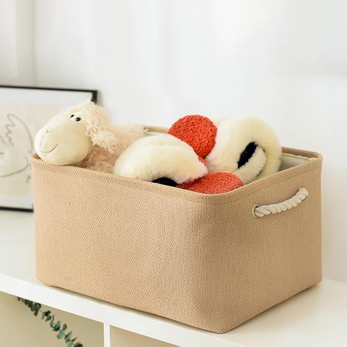 Organization and Storage Basket for Gifts Empty - 16x12x8 inch Large 4 Pack Fabric Storage Cube Collapsible Baskets for Shelves with Handles, Storage Box for Cloth Books Laundry Canvas(Beige)-Ruum Studio Home
