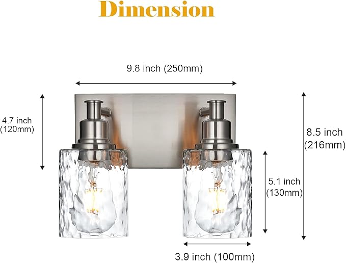 BONLICHT Modern Bathroom Light Fixtures in Brushed Nickel Finish, 2 Light Industrial Indoor Wall Sconce Farmhouse Vanity Lighting Over Mirror with Hammered Glass Contemporary Hallway Wall Mount Lamp-Ruum Studio Home