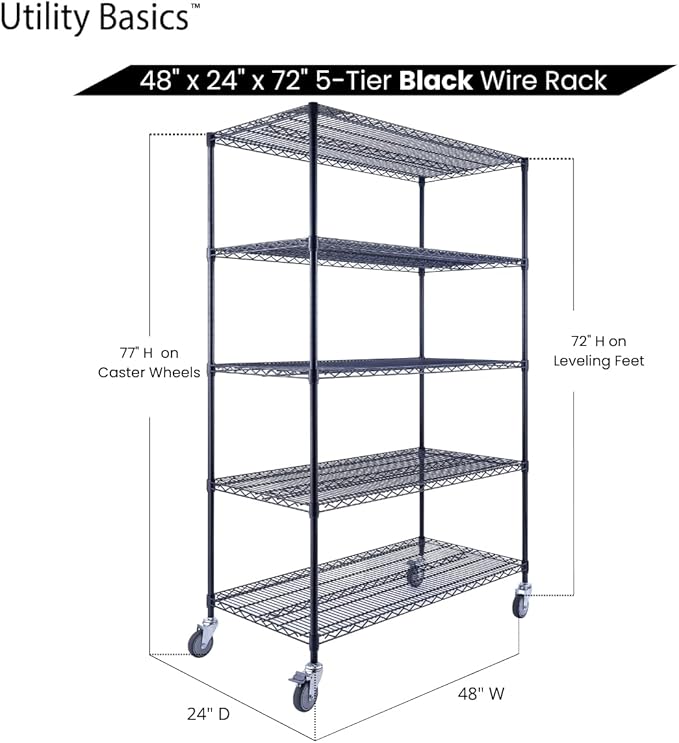 48"x24"x72" Black 5-Tier Premium Wire Shelving NSF 4000 LBS MAX Capacity Heavy Duty Steel Storage Rack for Warehouses, Garages, Hospitals, Commercial Spaces, & Schools w/Premium Wheels-Ruum Studio Home