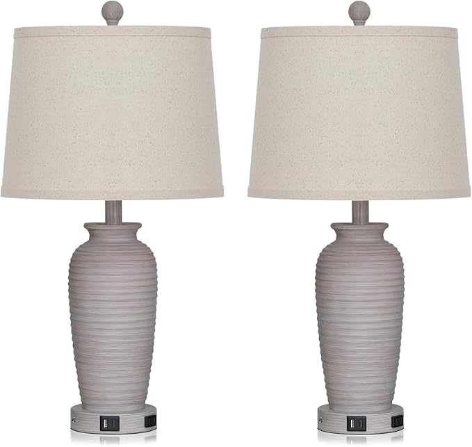 25“ Traditional Table Lamps Set of 2, Bedside Touch Lamp with USB C+A Charging Ports, Rustic Farmhouse Jar Table Lamps for Living Room Bedroom, Side Table Lamp with Beige Fabric Shade, Antique Grey-Ruum Studio Home