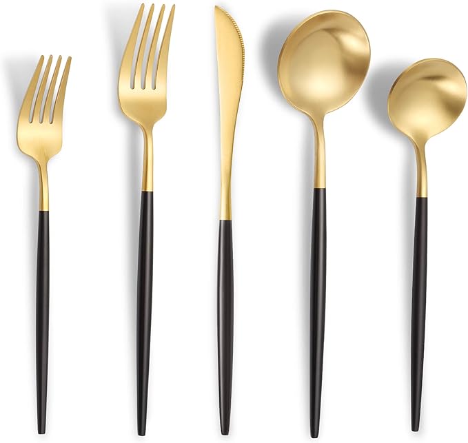 Matte Black Gold Silverware Set for 4,Modern Stainless Steel Brushed Cutlery Set,20-Pieces Heavy Duty Flatware Set,Knives Spoons and Forks Set Utensils Set, Satin Finish, Dishwasher Safe-Ruum Studio Home