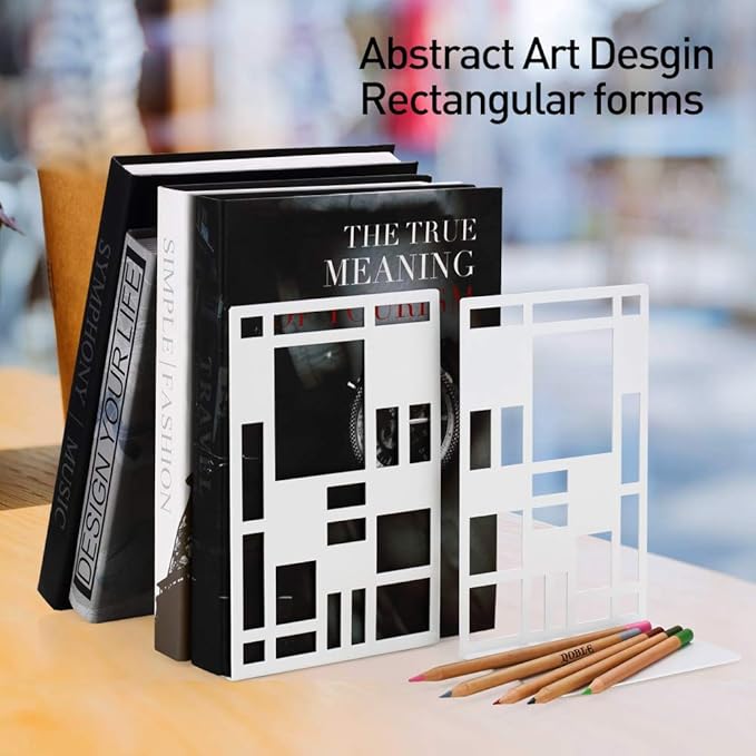 Book Ends, Bookends, Book Ends for Shelves, Bookends for Heavy Books, Book Divider Decorative Holder, Metal Heavy Duty Bookend White 1 Pair, Abstract Art Desgin Book Stopper Supports for Office, Home-Ruum Studio Home