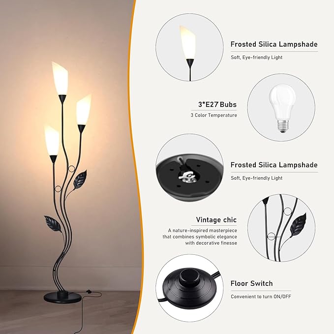 JBZ Flower Floor Lamp for Living Room, 62" Tall Pole Lamp with Foot Switch, with 3 Heads Dimmable LED Lamps for Farmhouse Rustic Bedroom Office, with Plug and 1200LM, 3 Color Temperatures E27-Ruum Studio Home