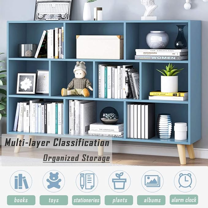 IOTXY Wooden Open Shelf Bookcase - 3-Tier Floor Standing Display Cabinet Rack with Legs, 10 Cubes Bookshelf, Bright Blue-Ruum Studio Home