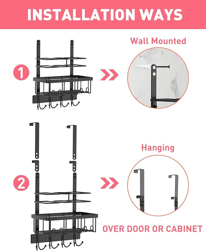 REFLYING Over-the-Door Hairdryer and Styling Tool Organizer, Metal, Black, 3 Compartments, 8 Hooks, 15"H x 10"W x 4.7"D-Ruum Studio Home
