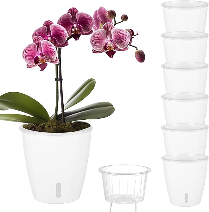 Self Watering Pots for Indoor Plants, 6-Pack 5'' Self Watering Planter with Drainage Holes, Small African Violet Pots with Water Indicator, Clear Wick Orchid Pot, White-Ruum Studio Home