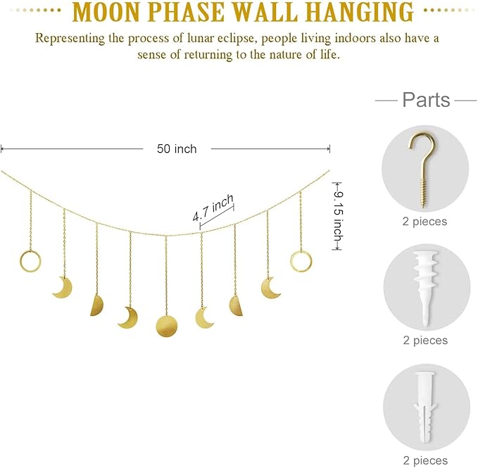 Mkono Moon Phase Wall Hanging Boho Aesthetic Room Decor Metal Moons Garland Hanging Art Bohemian Home Decoration for Girls Room Nursery Bedroom Livingroom Dorm, Ideal, Gold, 50"-Ruum Studio Home