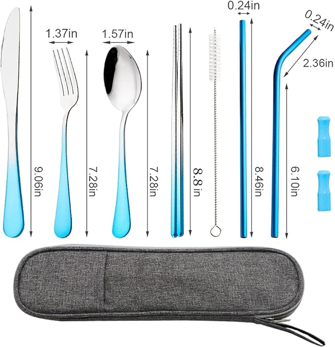 Travel Utensils Set with Case Reusable Portable Cutlery Set Stainless Steel 8pcs Including Dinner Knife Fork Spoon Chopsticks straws(Gradient Blue)-Ruum Studio Home