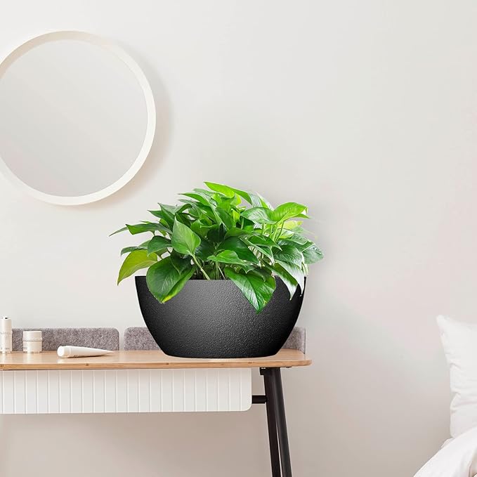 13 inch Large Hanging Planters Plant Pots for Outdoor Indoor Plants with Drainage Holes and Chain, 2 Pack Round Hanging Flower Pots for Garden Home Porch Decor, Black-Ruum Studio Home