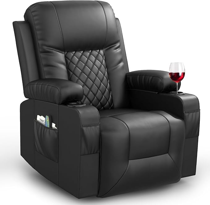 Recliner Chairs for Adults, FSC Certified Massage Rocker with Heated Modern Ergonomic Lounge 360 Degree Swivel Single Sofa Seat Living Room Lounge Recliners Black-Ruum Studio Home