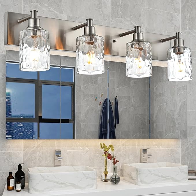 BONLICHT 4-Light Bathroom Vanity Light Fixture Brushed Nickel Industrial Wall Sconce Lighting with Hammered Glass Shade for Living Room Bedroom Hallway Porch Workshop Dressing Table-Ruum Studio Home