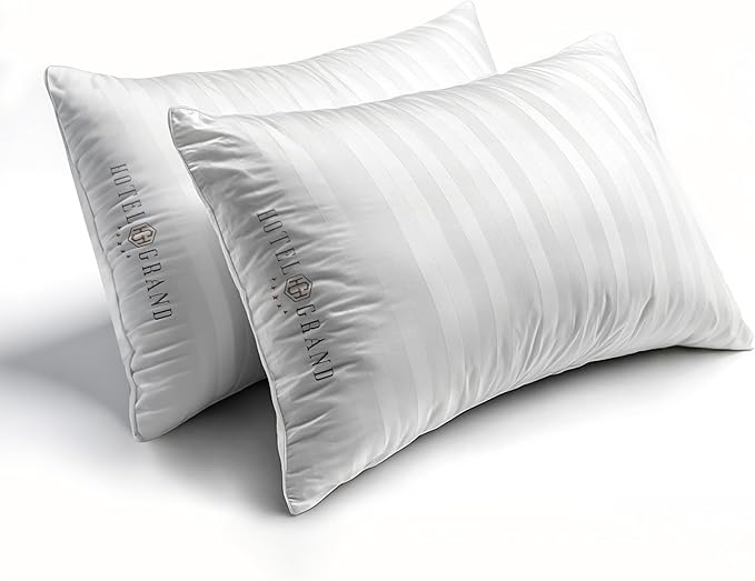 Hotel Grand Softy-Around Feather Down Pillows Standard Size Set of 2 Packs White Strip 100% Cotton Fabric Bed Pillows for All Position Sleepers,26"x20"/2 Packs-Ruum Studio Home