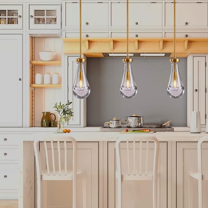 Modern Raindrop Pendant Lights, Pendant Lights for Kitchen Island, Brass Rod Dining Room Light Fixture， Clear Solid Raindrop Chandelier, Chandelier for Living Room Hallway, Including Bulb-Ruum Studio Home