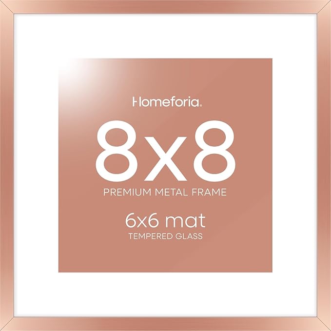 Homeforia Rose Gold Frame 8x8, High End Metal 8 x 8 Square Picture Frames with Mat 6 x 6 Art, 8x8 Photo Frame Matted to 6x6 inch Print, 8by8 Wall or Tabletop Frames, Tempered Glass, Wall Kit, Set of 1-Ruum Studio Home