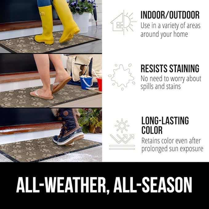 GORILLA GRIP 100% Waterproof All-Season WeatherMax Doormat 35x23, US Designed Natural Rubber, Stain and Fade Resistant, Low Profile Indoor Outdoor Door Mats, Easy Clean Patio Mat, Tan Pawprints-Ruum Studio Home