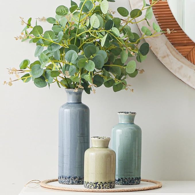 Flower Vase Set of 3, Ceramic Neutral Vases Home Decor, Pottery Rustic Farmhouse Decorative Vases Modern Decor for Table Mantel Entryway Bookshelf Living Room Kitchen Bedroom - Multicolor-Ruum Studio Home