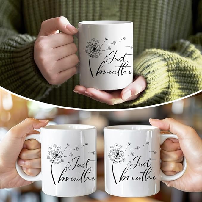 RZHV Just Breathe 11 Oz Novelty Mug, Funny Dandelion Coffee Mug for Floral Lover, Calming Gifts for Yoga Lover, Meditation Mental Health Gifts for Women-Ruum Studio Home