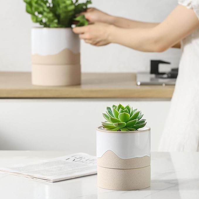 Nihow Self Watering Plant Pot for Indoor Plants: 4.5+6 Inch Ceramic Planter with Drainage Hole & Water Storage Plus - Cylinder Flower Pot with Wick for Herbs -White & Nature-Ruum Studio Home
