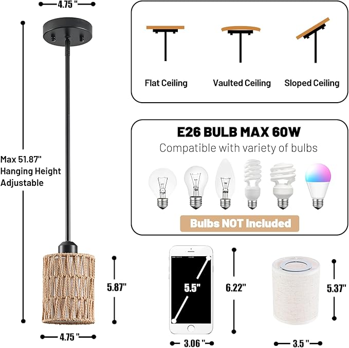 Pendant Light Boho Hanging Lamp, Rattan Hanging Lights with 2 in 1 Linen & Woven Shade, Ceiling Light Fixtures for Kitchen Island, Dining Room, Farmhouse, Bedroom (1 Pack)-Ruum Studio Home