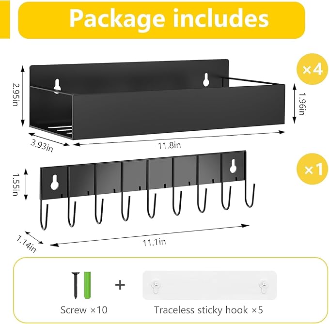 Magnetic Spice Rack Organizer for Fridge Seasoning Organizer for Kitchen storage with Screw or Adhesive Hanging,Magnetic Shelf with Hook for Refrigerator and Oven (Black, 5pack)-Ruum Studio Home