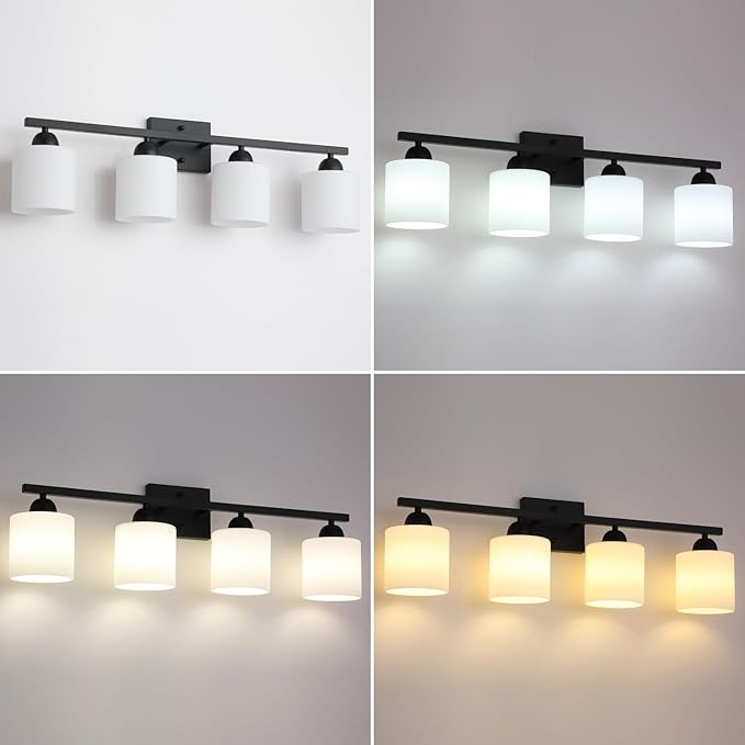 Milk Glass Vanity Lights for Bathroom, 4 Light Matte Black Bathroom Light Fixtures Over Mirror, Ceramic E26 Sockets Wall Mounted-Ruum Studio Home