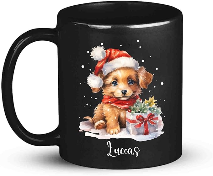 Personalized Name Christmas Puppy Cup - Novelty Coffee Mug 11oz 15oz, Customized Santa Hat Design, Custom Pet Owner Black Ceramic Cup, Gift for Christmas, Puppy Lover-Ruum Studio Home