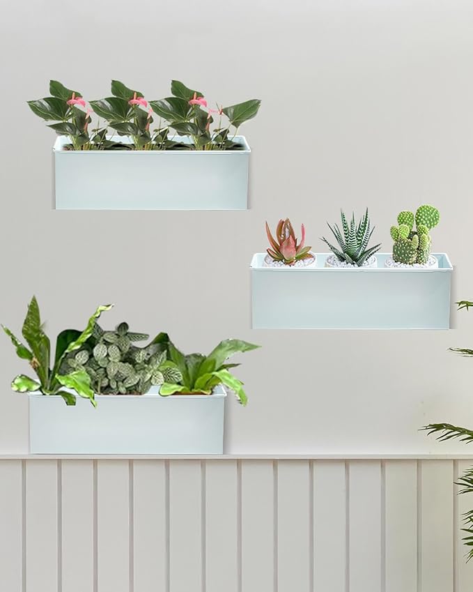 vensovo Metal Wall Hanging Planter Boxes – 12" Rectangle Flower Pots, 3 Pack with Drainage, Durable Galvanized Finish for Indoor Outdoor Balcony Fence Windowsill, White-Ruum Studio Home