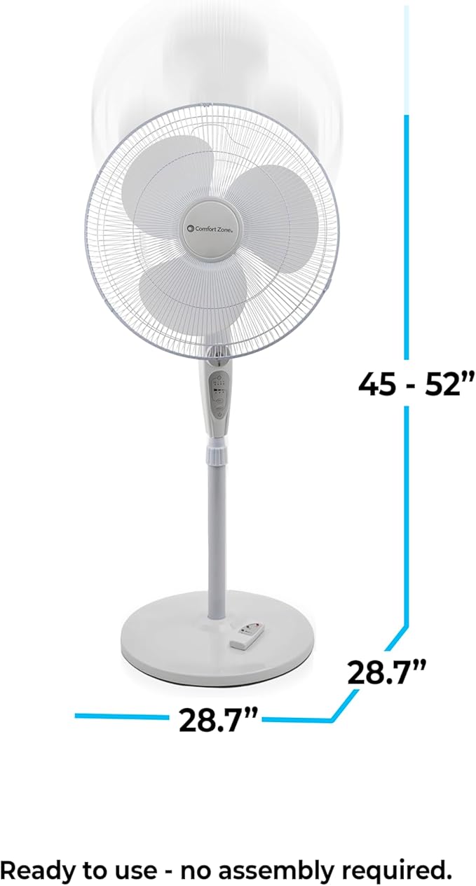 Comfort Zone 18-Inch Oscillating Pedestal Fan with Remote Control, 3-Speed Standing Fan with Adjustable Height (45–52”), Tilt, 4-Hour Timer & Auto Shutoff – Quiet Bedroom Fan, White-Ruum Studio Home