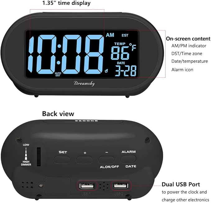 DreamSky Alarm Clocks for Bedrooms, Auto Set Digital Desk Clock for Bedside Nightstand, Electric Clock with Dimmable Brightness Dimmer, Auto DST, USB Port, Date, Temperature, Snooze-Ruum Studio Home