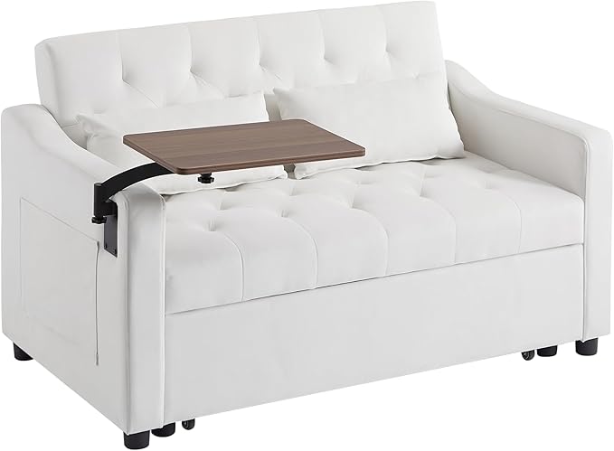 3-in-1 Convertible Sleeper Sofa Bed, Pullout Couch with 360° Swivel Side Table, Modern Chenille Fabric, Easy to Assemble, Folding Loveseat Sofa Bed for Living Room & Guest Room-Ruum Studio Home