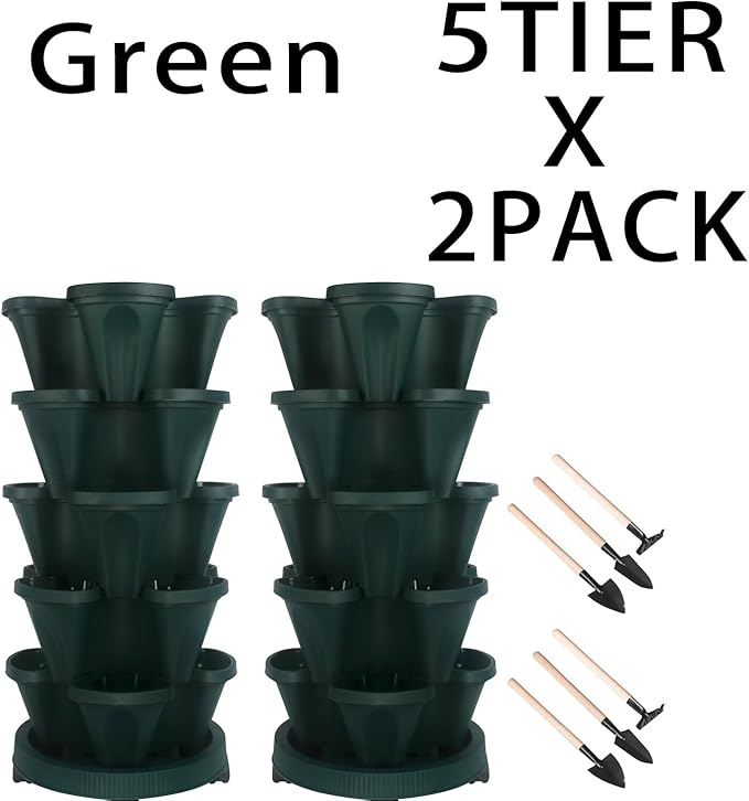 Vertical Planter 5 Tier Stackable Planters Garden Planters Strawberry Herb Flower and Vegetable Planter Indoor Outdoor Gardening Pots with Removable Wheels and Tools 2-Pack-Ruum Studio Home