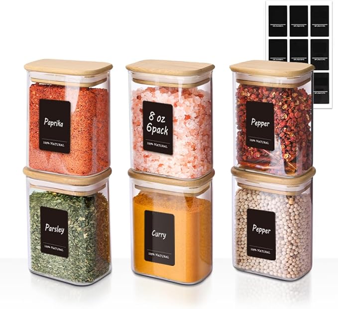 Comsaf Spice Jars with Label，8 oz Small Glass Jars with Lids, 6 Pcs Seasoning Containers, Rectangle Glass Containers with Lids, Empty Seasoning Jars for Pantry Storage, Loose Tea, Herbs, Powders, Salt-Ruum Studio Home