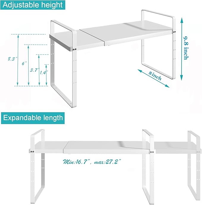 iPEGTOP Expandable Cabinet Storage Shelf Organizer Rack, Heavy Duty Cupboard Stand Spice Rack Adjustable Height Garage Pantry Shelf Space Riser for Counter Kitchen Organization, White, 2 Pack-Ruum Studio Home
