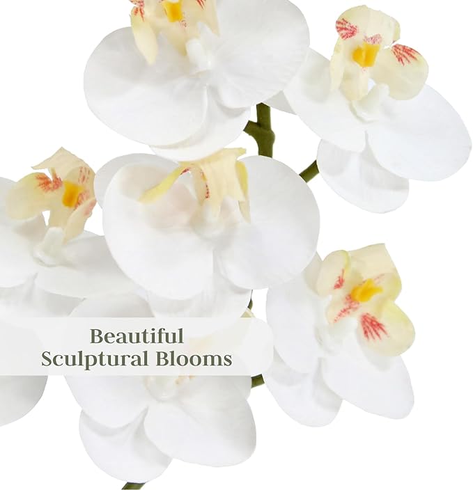 Faux White Orchid Plant, Premium Artificial Indoor Flower Display Stands 24”, Beautiful Sculptural Blooms That Lasts Forever, Grey Planter Pot Included-Ruum Studio Home