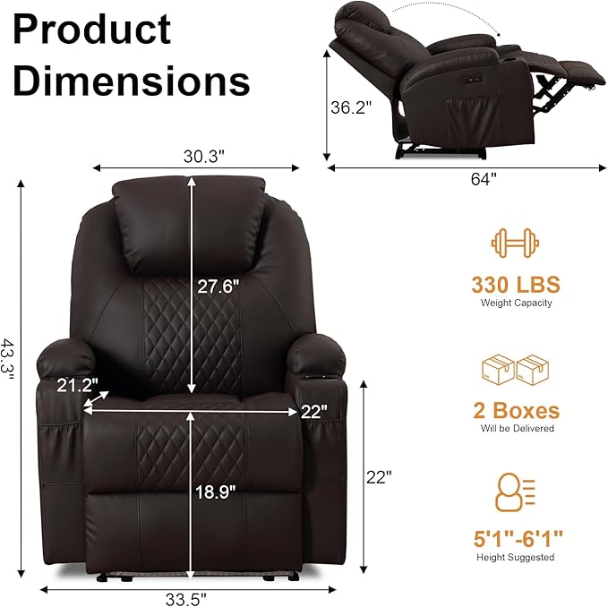 AHMED Power Recliner Chair with Vibration Massage & Heat for Adults, Faux Leather Home Theater Seating with Cup Holders/LED Lights/USB Ports/Side Pockets for Living Room, Brown-Ruum Studio Home