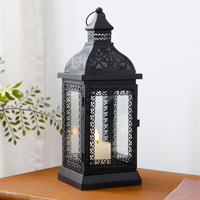 TRIROCKS Rustic Style Metal Candle Lantern 13'' High Decorative Outdoor Lantern Candle Holder with Tempered Glass for Christmas Living Room Garden Patio Parties Indoors Outdoors (Black)-Ruum Studio Home