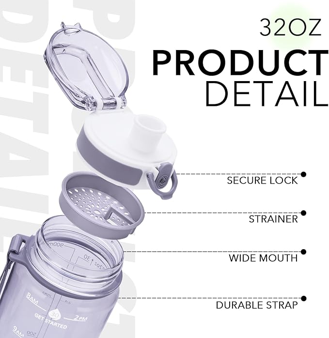 32oz Motivational Water Bottles with Time Marker & Fruit Strainer, Transparent Gradient Color Water Bottle with Times to Drink, Leakproof & BPA Free, Reusable Bottle with Strap (No Straw)-Ruum Studio Home