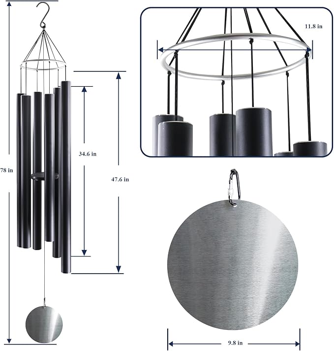 ASTARIN 78 Inch Wind Chimes for Outside with 6 Tubes Tuned Relaxing Melody, Extra Large Wind Chimes Outdoor Deep Tone for Patio, Backyard, Garden, and Outdoor Decor,Black-Ruum Studio Home