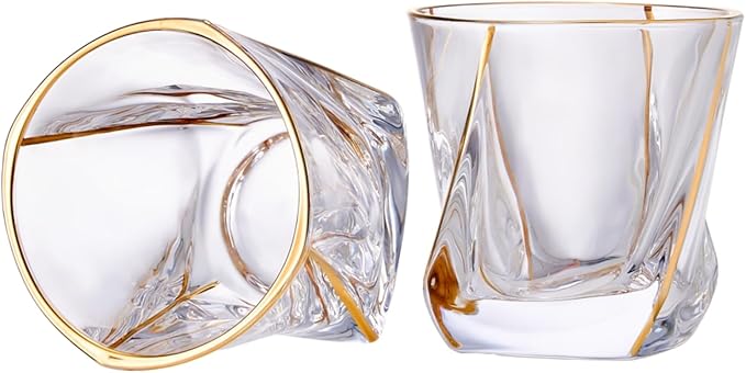 Crystal Whiskey Glasses Set of 2 with 24K Gold Rim,Bar Glasses,Twisted Whiskey Glass Gold Collection for Bourbon,Scotch and Wine,Rock Barware for Men Gift - 8oz-Ruum Studio Home