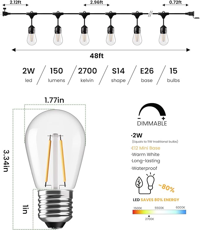 Svater 144 FT Outdoor String Lights 2W, Patio Light for Outside with 48 Antique S14 Plastic LED Bulbs, IP65 Waterproof Hanging Cafe Market Lighting, ETL-Listed Dimmable Warm White (48 FT x 3)-Ruum Studio Home